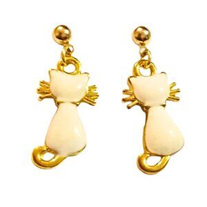 White Kitten Enamel And Gold Earrings